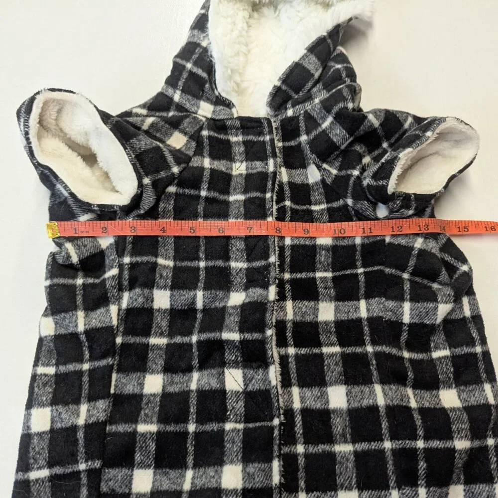 Flannel Hooded Dog Shirt Size Large Black and White Plaid With Fuzzy Inside